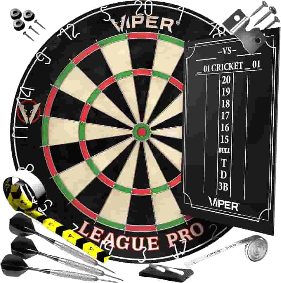 Conjunto de Dartboard Viper League Pro Regulation Bristle Steel Tip com Bullseye sem grampos, aro radial de aranha, sisal de alto nível com anel giratório, marcador de giz de cricket, dardos de ponta de aço