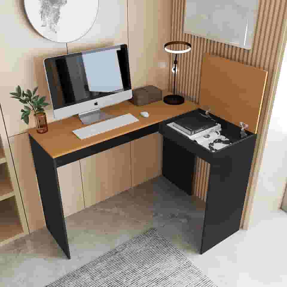 Mobishop Mesa de Escritório em L, Estilo Industrial, 120x75x45cm, Madeira Natural e Metal Preto, com Compartimento Dobrável, para Home Office e Gamer (Preto-Nature)