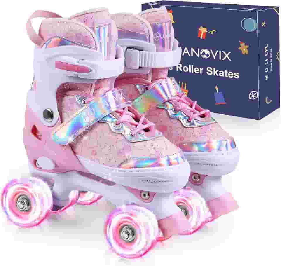 Patins infantis para meninas, 4 tamanhos, ajustáveis para iniciantes de 3 a 12 anos, com rodas iluminadas e proteção de segurança, para esportes internos e externos - presentes legais de