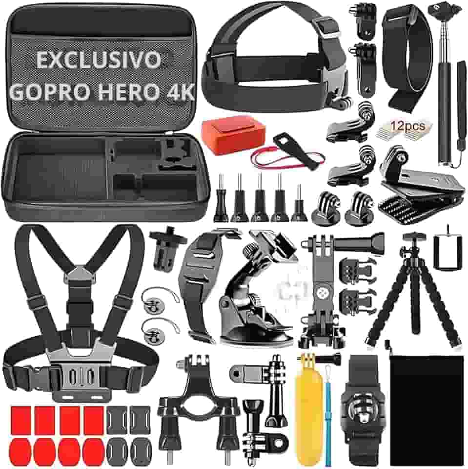 Kit Acessórios 65 em 1 para GoPro Hero 4K com Estojo Rígido, Tripé, Flutuador, Suporte Cabeça e Peitoral, Fixadores, Vlog, Bike, Ideal para Mergulho, Esportes Radicais, Viagens