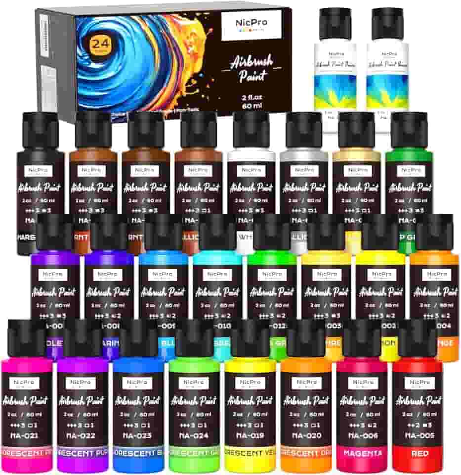 Nicpro Tinta para aerógrafo de 24 cores (60 ml, 60 ml) com 2 mais finas, prontas para pulverizar, conjunto de tintas acrílicas opacas à base de água para modelo, metal, plástico, madeira, tela