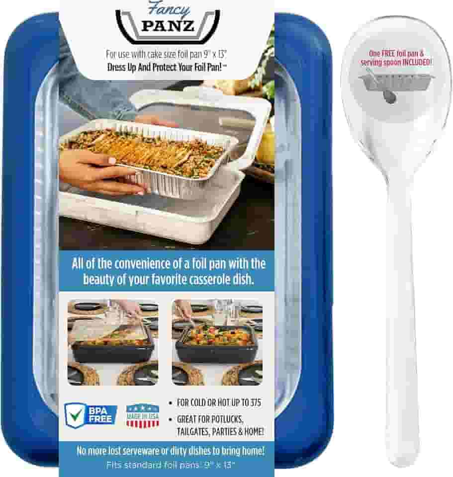 Fancy Panz Forma de bolo de folha de 24 x 33 cm, vista e proteja sua forma de alumínio feita nos EUA, assadeira e colher de servir incluídas. Comida quente ou fria. Empilhável para facilitar a viagem. (azul jeans)