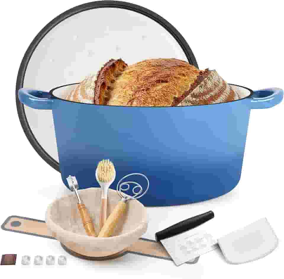 E-far Panela de forno holandês esmaltada para assar pão, panelas de ferro fundido esmaltado de 6 litros com tampa autobasting e suprimentos para assar pão de fermento, caçarola resistente e alças