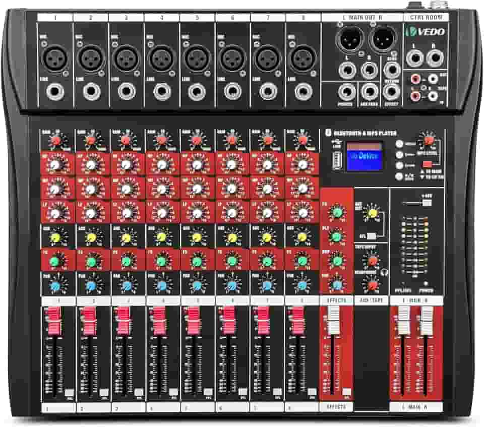 VDA208L Console de mistura,8 Canais Mixer Profissional para Shows ao Vivo, Karaokê - USB/Bluetooth, Efeito de Reverb, Saída de Monitoração, Controle de Som Estúdio e Palco