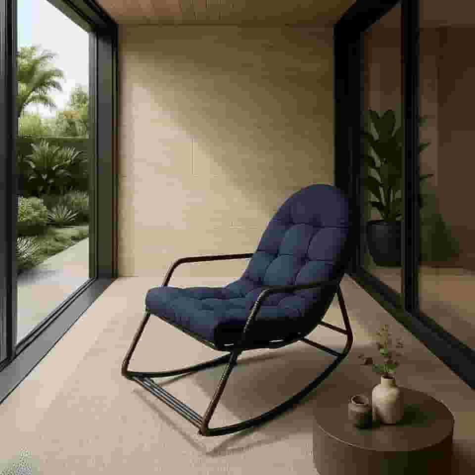 Cadeira Sossego Poltrona de Balanço e Descanso para Área Externa Coberta Estrutura de Metal Preta Almofada Acolchoada (Azul)