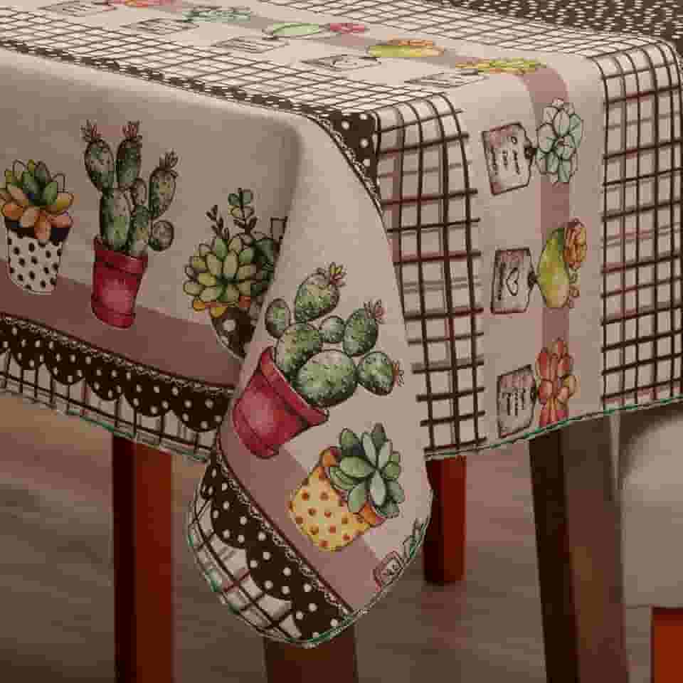 Toalha de Mesa Rustica Premium 1,40 M x 1,40 M, Tecido Linhão, Composição 65% Algodão e 35% Poliéster 4 Lugares (Cacto)