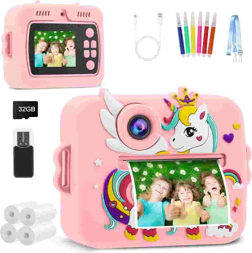 Câmera Infantil, Portátil Digital, Pode Selfie com 32GB Cartão, Papel Fotográfico, Canetas Coloridas, Vídeo HD, Brinquedos Meninas Meninos com Crianças de 3 a 14 Anos (Rosa)