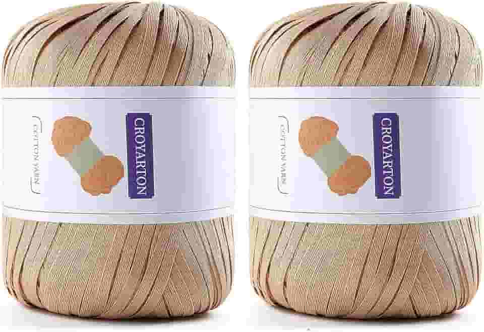 Pacote com 2 fios de ráfia para crochê, fio de algodão macio para crochê, bolsa de praia de verão, 228 jardas/fio de papel de fita de 100 g para iniciantes, bolsa de tricô manual DIY (marrom)