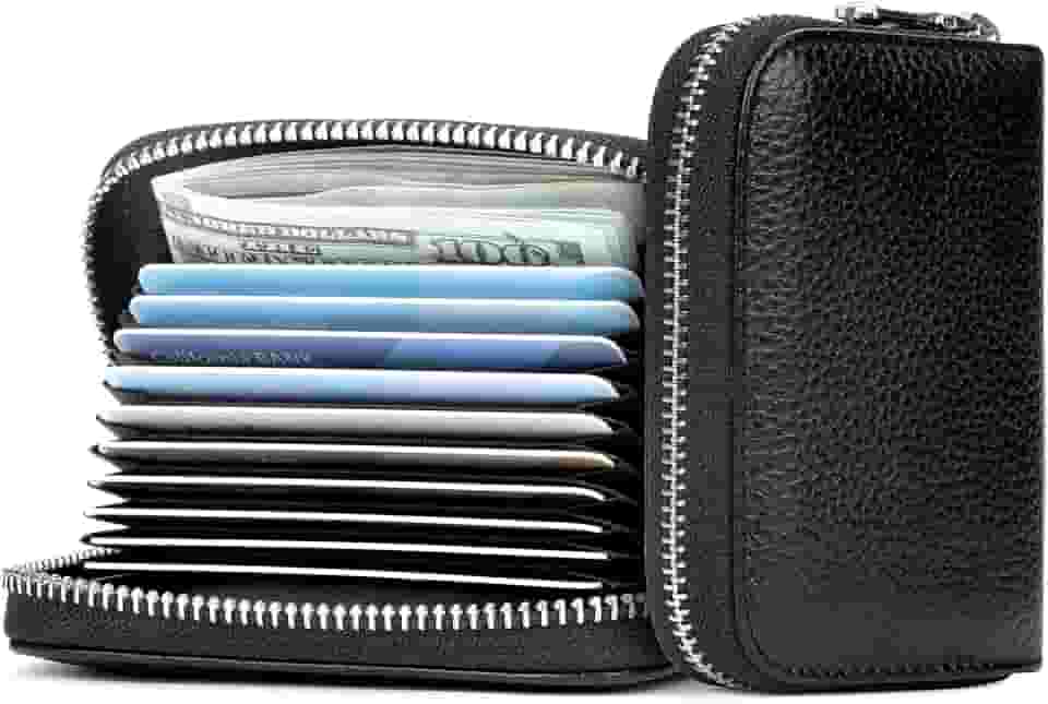 Carteira de couro genuíno com bloqueio de RFID, porta-cartões com zíper para homens e mulheres, carteira com chaveiro, Preto claro, Carteira de cartão