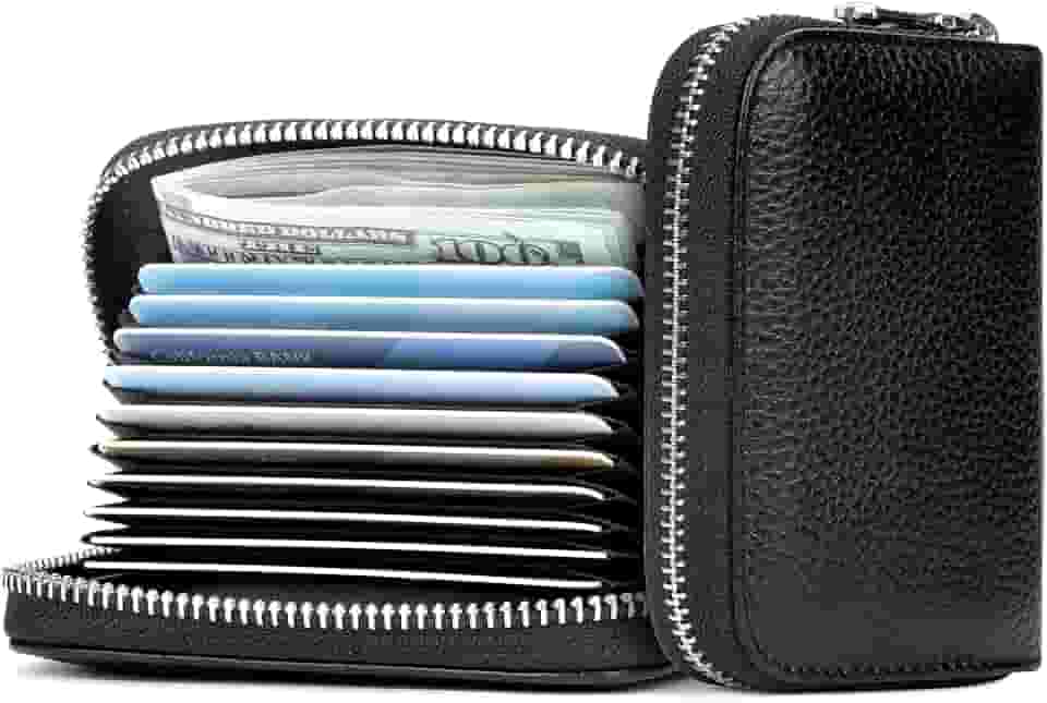 Carteira de couro genuíno com bloqueio de RFID, porta-cartões com zíper para homens e mulheres, carteira com chaveiro, Preto claro, Carteira de cartão