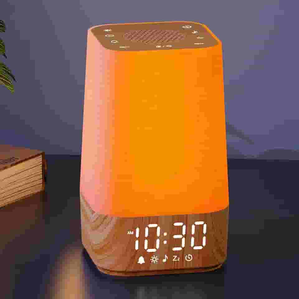 Despertador nascer do sol com máquina de ruído: despertador digital para quartos, sons naturais para despertar suave, 30 sons de sono, brilho e volume ajustáveis, temporizador - grão de madeira
