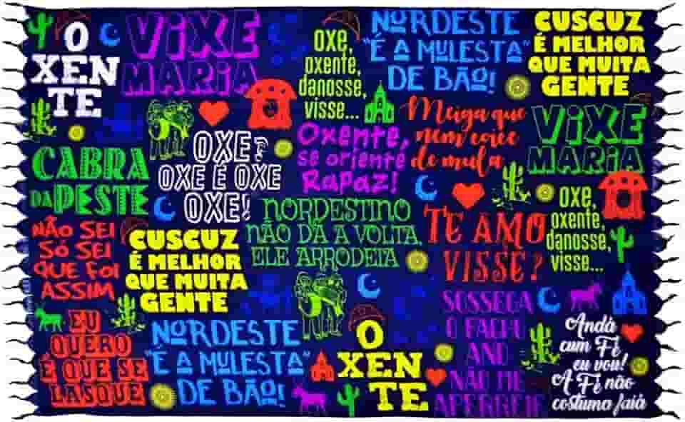 Canga Praia Frases Nordestina, Oxi Oxente Estampa Colorida Frases Típicas, Tecido com Franjas, Azul Marinho
