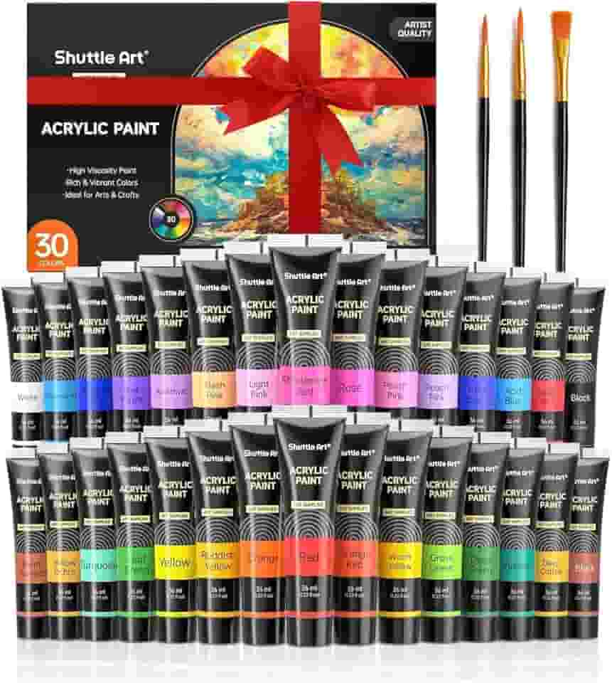 Shuttle Art Conjunto de tinta acrílica de 30 cores, tubos de 36 ml com 3 pincéis, tinta acrílica de grau artístico, para crianças, adultos, iniciantes, pintura em artesanato, tela, rochas de madeira