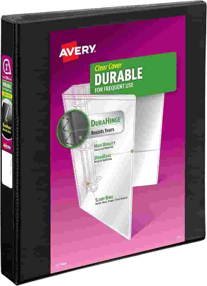 Avery Fichário durável com 3 anéis, anéis inclinados de 2,5 cm, capacidade para 250 folhas, DuraHinge, lombada de 3,5 cm de largura, capas transparentes personalizáveis e lombada, 1 fichário preto