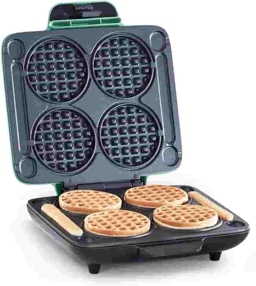 DASH Máquina de mini waffles múltiplos: quatro mini waffles, perfeito para famílias e indivíduos, superfícies antiaderentes duplas de 10 cm com liberação rápida e fácil limpeza - azul-piscina