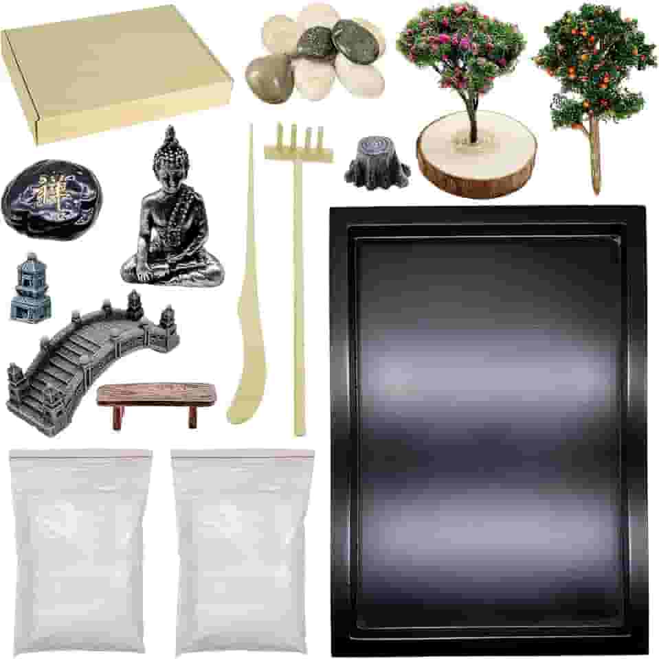 Woohome Mini kit de jardim de areia Zen, mini kit de jardim zen, kit de decoração zen com areia branca, pedras, mini cadeiras, torres, pontes, modelos de árvores para decoração de mesa de escritório