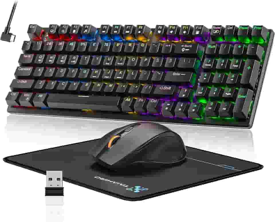 Teclado e mouse para jogos mecânicos sem fio, bateria recarregável de 2000 mAh com retroiluminação arco-íris, mouse para jogos de 3200 DPI com mouse pad, BT5.0/2.4G/USB-C, teclado anti-fantasma de 98