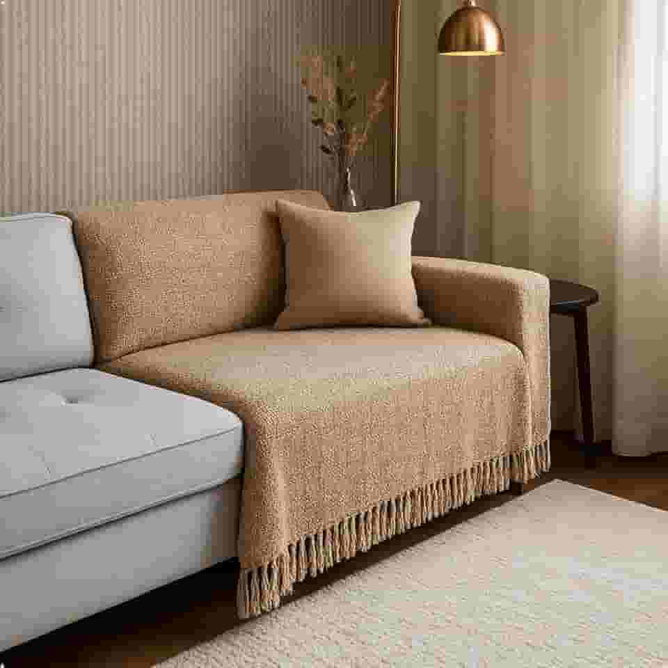 Manta para Sofá 3 Lugares 1,80 × 2,40 m – Algodão 100% com Franjas Decorativas, Protetora para Pets, Toque Macio e Aconchegante (BEGE)
