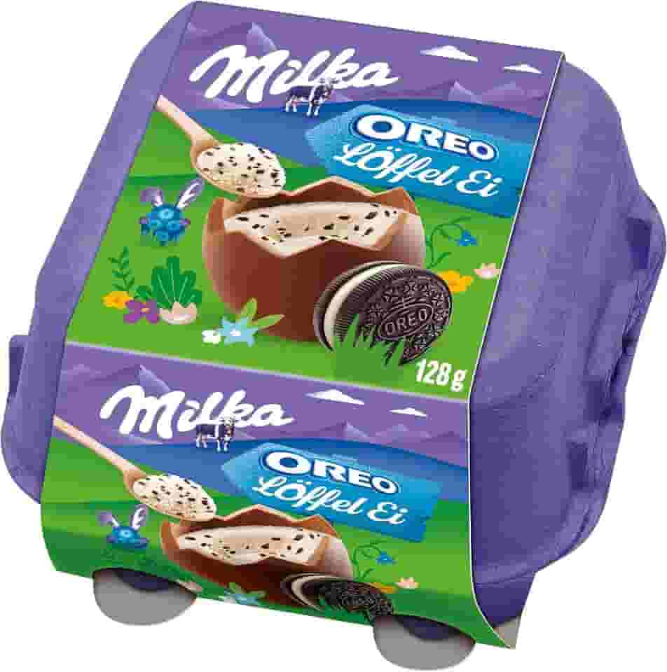 Ovo de Páscoa de Colher Milka Spoonable Creme e Oreo 128g (4 unidades de 32g cada) + Colher de Madeira
