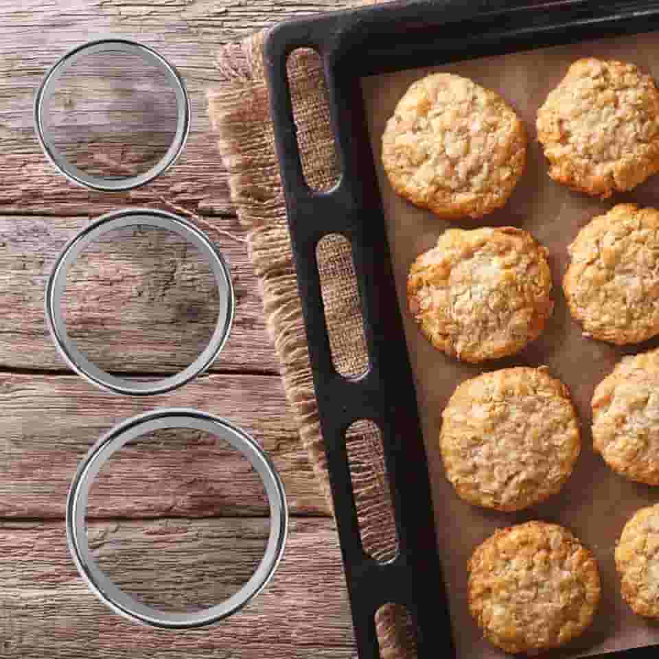 Conjunto de cortador de biscoito circular de 3 peças, suprimentos de cozimento de aço inoxidável para modelagem de biscoitos redondos sem esforço, biscoitos caseiros (5,5 cm, 6,5 cm, 7,5 cm)