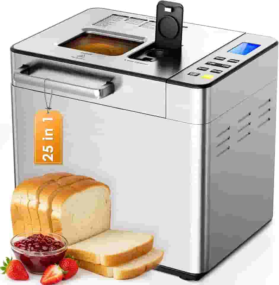 EUHOMY Máquina de fazer pão 25 em 1 máquina de fazer pão de 900 g, máquinas de pão com dispensador de nozes e dispensador de fermento, 3 tamanhos de pão, 3 cores de crosta, máquina de massa com opções