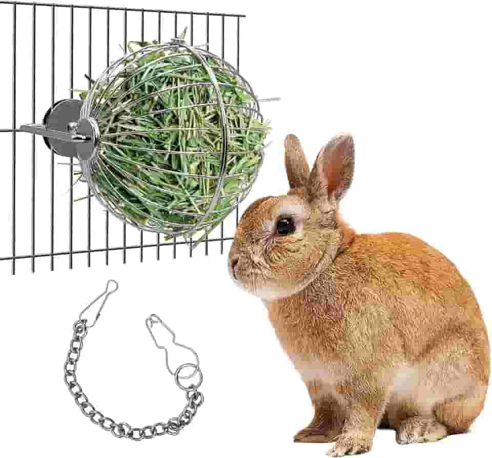 Tfwadmx Brinquedo para mastigar bola de feno de coelho - tigelas de aço inoxidável para alimentos e grama - Dispensador de manjedoura de feno para animais pequenos com suporte para hamsters, gerbos,