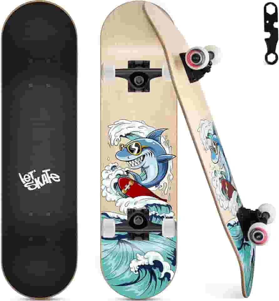 Skates para iniciantes, skate completo de 78,7 cm x 20,3 cm para crianças, adolescentes e adultos, 7 camadas de madeira de bordo canadense, deck duplo côncavo padrão e tricks skate com ferramenta de