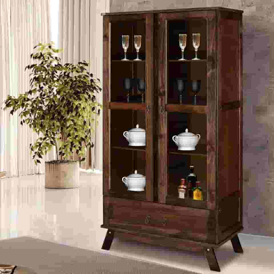 Cristaleira Roma Pinus com HDF Porta de Vidro Retrô Imbuia Natural