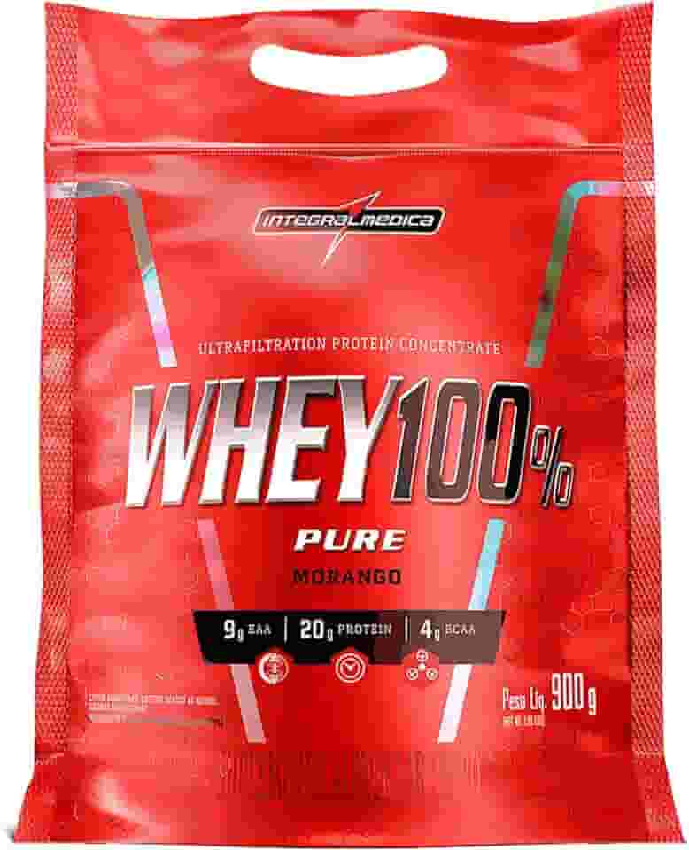 Integralmédica - Whey Protein Concentrado Morango 100% Pure - 21g de Proteína por Scoop, Suplementação Alimentar Pós-Treino, Fórmula Enriquecida com BCAAs - Pouch 900g