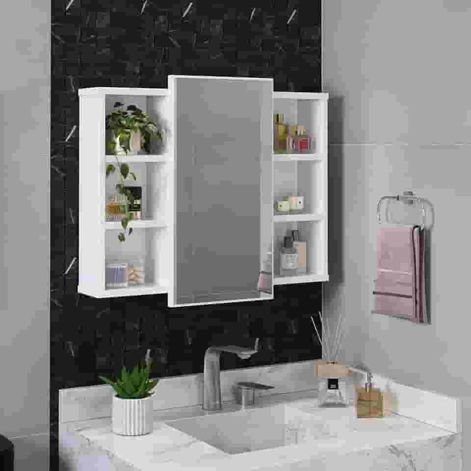 Espelheira Para Banheiro Com Nichos Armário Aéreo Com Espelho Organizador Madri (Branco)