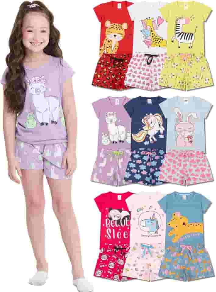 Kit Sortido 8 Peças Pijama Curto Infantil Menina - 4 Pijama Infantil Feminino Algodão
