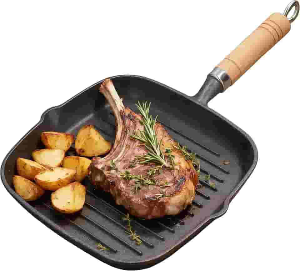Frigideira quadrada de ferro fundido com bicos e cabo de madeira, grelha interna perfeita para bifes, hambúrgueres, vegetais – Funciona em fogões a gás e indução, superfície naturalmente antiaderente
