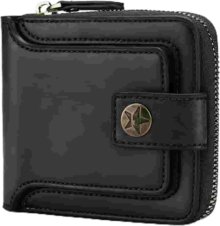 Carteira masculina com zíper de poliuretano, mini carteira masculina dobrável portátil com fivela, vários compartimentos para documentos, Preto, Moderno