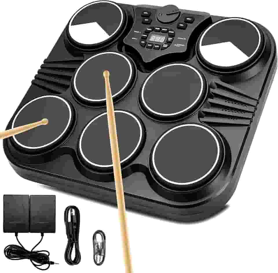 Kit de Bateria Digital Eletrônica de Mesa Com 7 Pads E Pedais de Bateria Sensíveis Ao Toque, Saídas USB E para Fone de Ouvido, Entrada MIDI/AUX E Dois Alto-Falantes Integrados