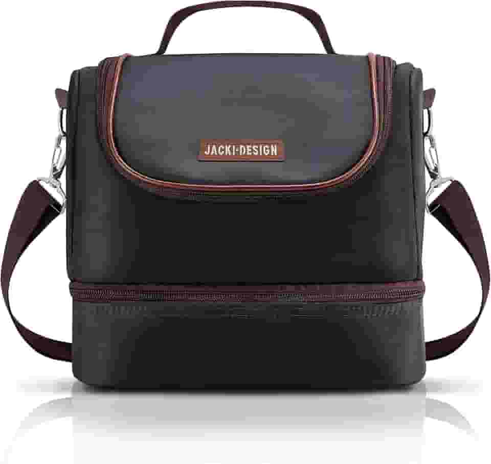 BOLSA TÉRMICA MARMITA ACADEMIA FITNESS COM 2 COMPARTIMENTOS ALÇA AJUSTÁVEL MASCULINA LISA JACKI DESIGN PRETO MARROM