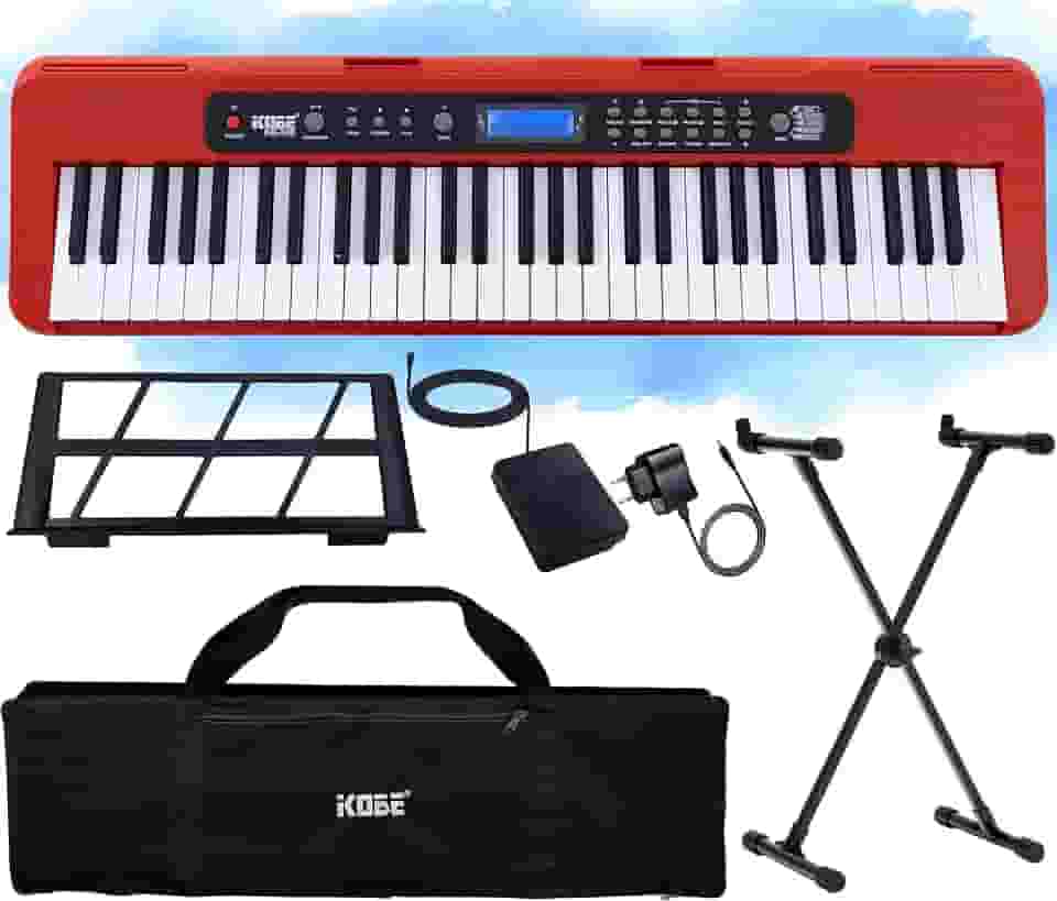 Kit Teclado Musical Estudante Kobe KB-300 RD 5/8 Iniciante 61 Teclas com Sensibilidade ao Toque com Pedal Sustain, Capa e Suporte