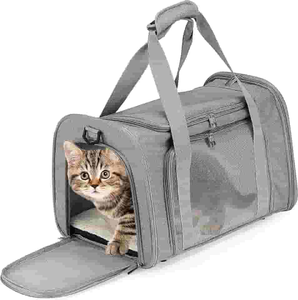 Bolsa Transporte Pet Avião Cabine até 14kg – Cinza, Dobrável com Tela Ventilada, Alças e Tapete Removível para Cães e Gatos