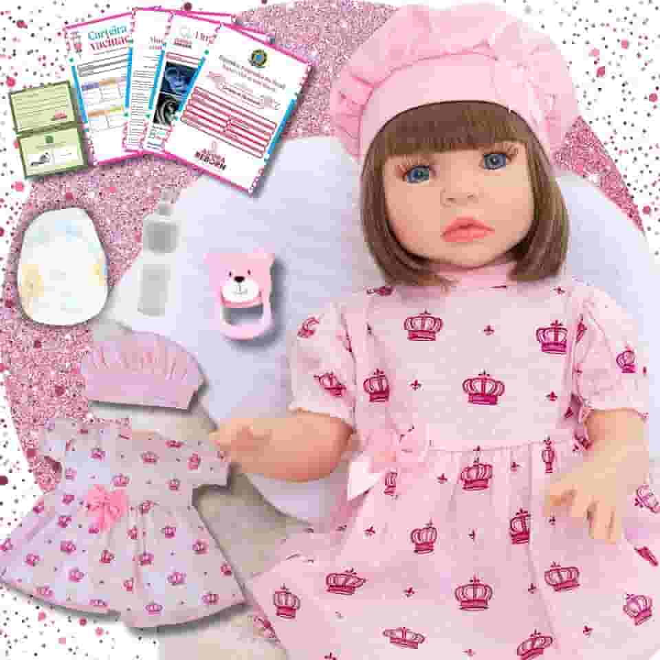 Boneca Bebê Reborn Menina Realista em Silicone com Roupinha e Acessórios Inclusos 45 cm (Vestido Rosa)