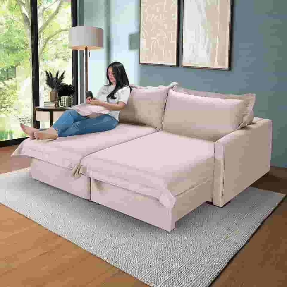 Sofá 3 Lugares Living Retrátil Bali Almofadas Soltas em Linho (Bege)