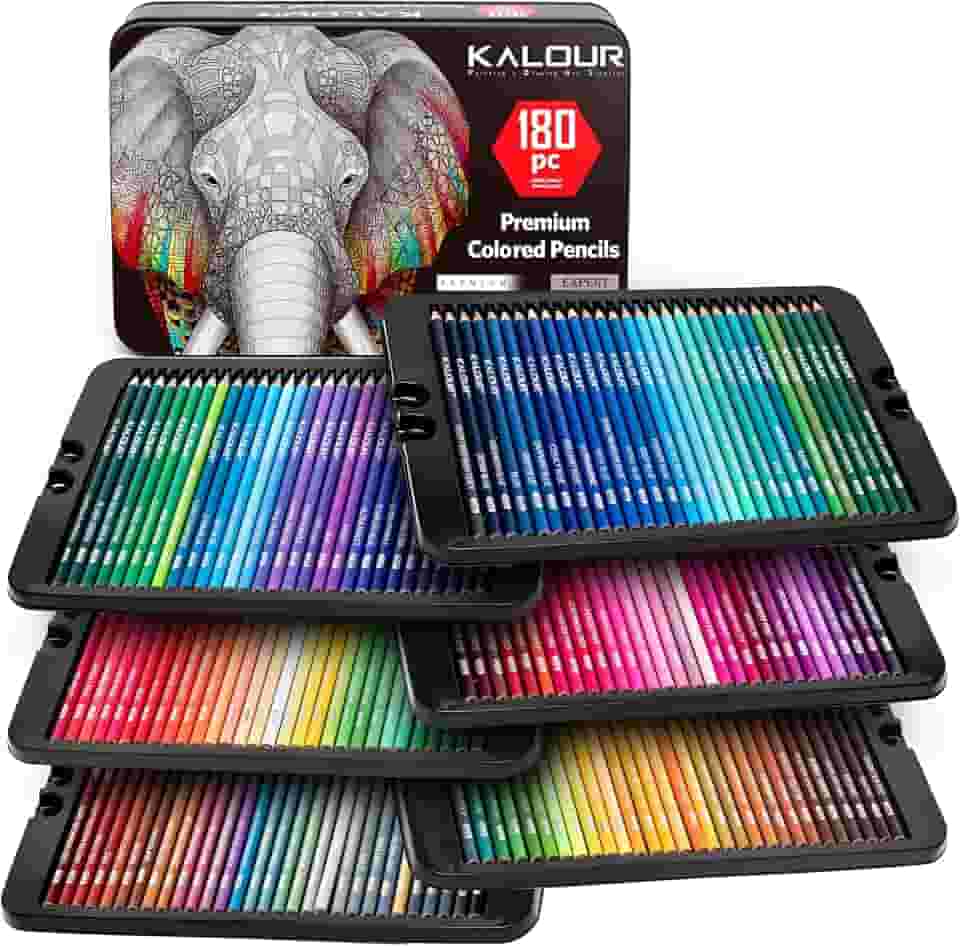 KALOUR Conjunto de 180 lápis de cor para artistas adultos - núcleo macio de pigmento rico -12 lápis metálicos - ideal para colorir, desenhar, esboçar, misturar sombras, cores vibrantes (caixa de lata)