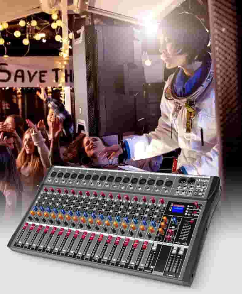 VEDO Mixer Profissional 16 Canais para Shows ao Vivo, Karaokê - USB/Bluetooth, Efeito de Reverb, Saída de Monitoração, Controle de Som de Estúdio e Palco (Alimentação 110V/220V)