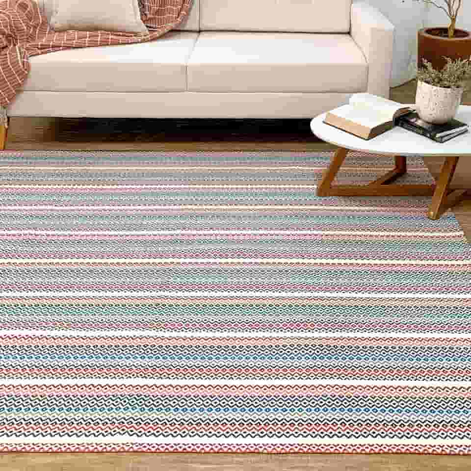 Tapete Sala 1,40m x 2,00m Colorido Tropical Geométrico 100% Algodão Natural Artesanal de Tear Antiderrapante Emborrachado para Quarto Preto Azul Cinza Cru