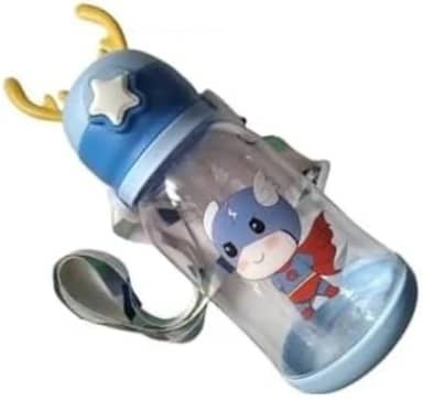 Garrafa de Água Infantil com Tampa Alce Highquality, Design Fofo com Canudo, Decorada com Animais (Azul)