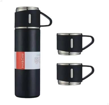 Kit Garrafa Térmica Inox 500ml com 3 Xícaras Portátil Ideal para Camping Viagem e Uso Diário (Preto)