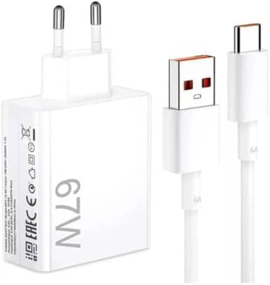 Carregador Turbo com Cabo USB-C, 67W, Branco, Plástico, Carregamento Rápido, Compacto, para Xiaomi e Smartphones com Entrada USB-C