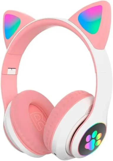 Fone De Ouvido Com Orelha de Gatinho Infantil Headphone Bluetooth com Luzes RGB nas orelhinhas e patinhas para crianças tamanho ajustável dobrável (Rosa/Branco)