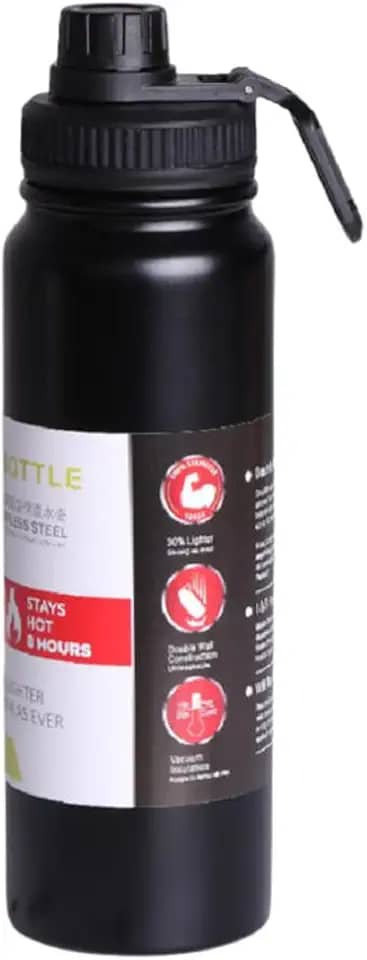 Garrafa de Água Térmica Inox 800ml Esportiva com Alça Parede Dupla Isolada a Vácuo Antivazamento Garrafinha Academia Fitness Corrida Esportes Escritório Aço Inox (Preto)