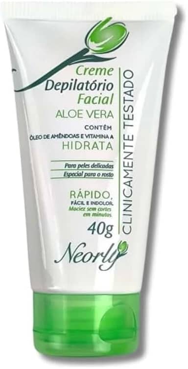 Creme Depilatório Facial Neorly Aloe Vera com Vitamina A 40g remove pelos do rosto de forma suave e eficaz hidrata enquanto depila indicado para todos os tipos de pele dermatologicamente testado