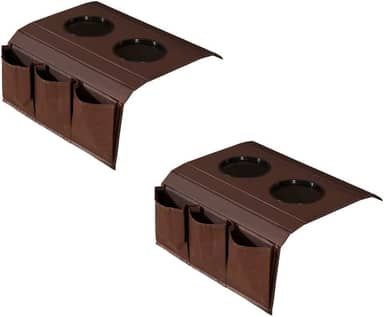 Kit 2 Bandejas Esteira para Braço de Sofá de Couro Marrom com Porta Controle