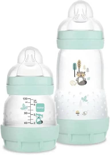 MAM Baby Kit 2 Mamadeiras Easy Start Starter Set Anticólica e Menos Bolhas de Ar, para Crianças 0+ Meses Autoesterilizável e com Bico de Silicone Skinsoft, Verde